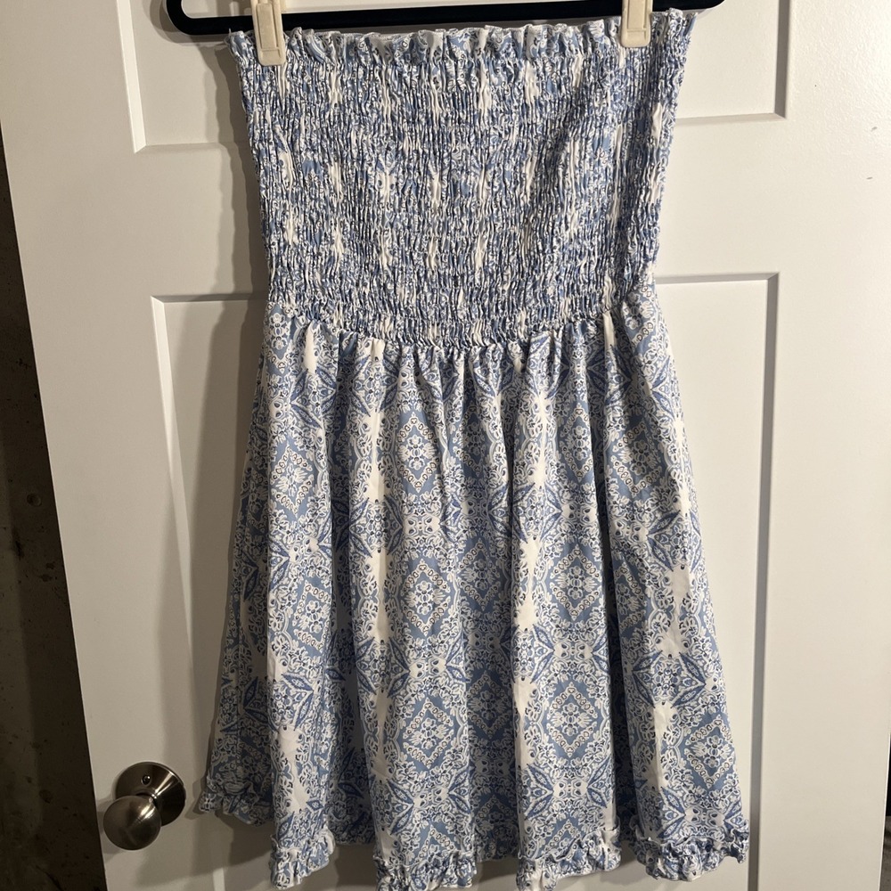 SHEIN women's Strapless A Line Mini Dress Floral Blue Large